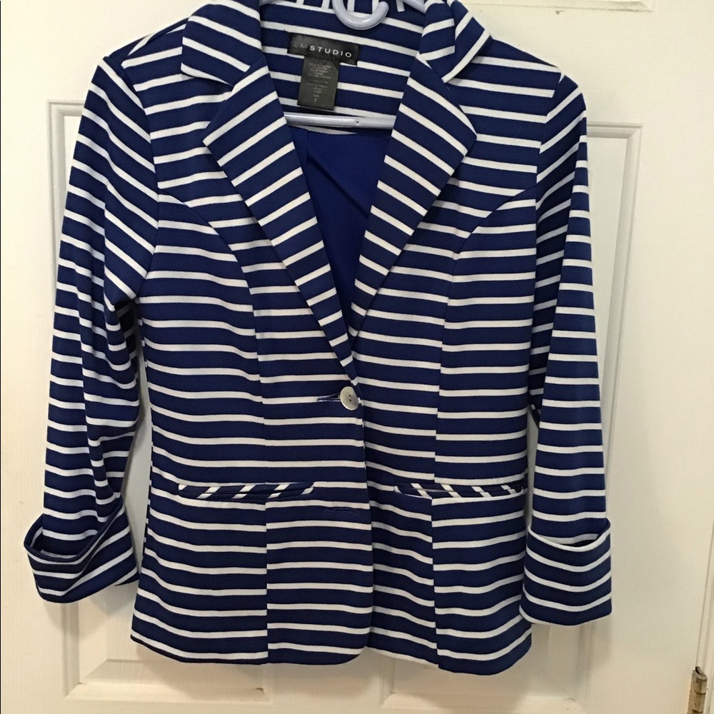 L M STUDIO CANADA BLUE WHITE BLAZER JACKET SZ 2